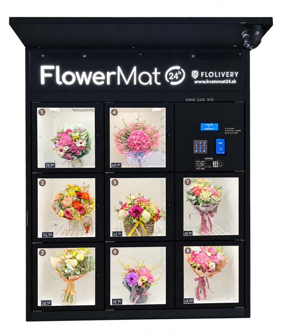 Kvetomat Flowermat s presklenými skrinkami plnými kytíc